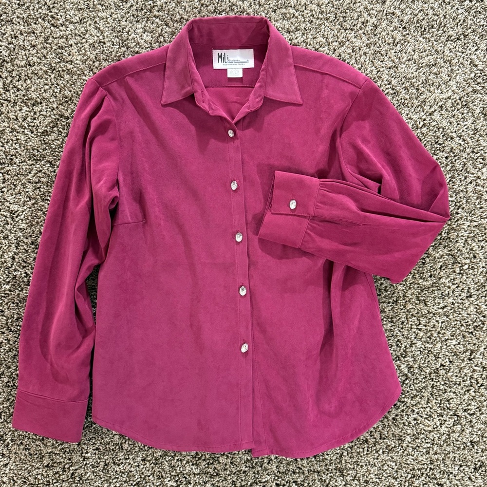 Mili Designs Button Front Shirt Medium Magenta Stretch Long Sleeve USA‎ Made